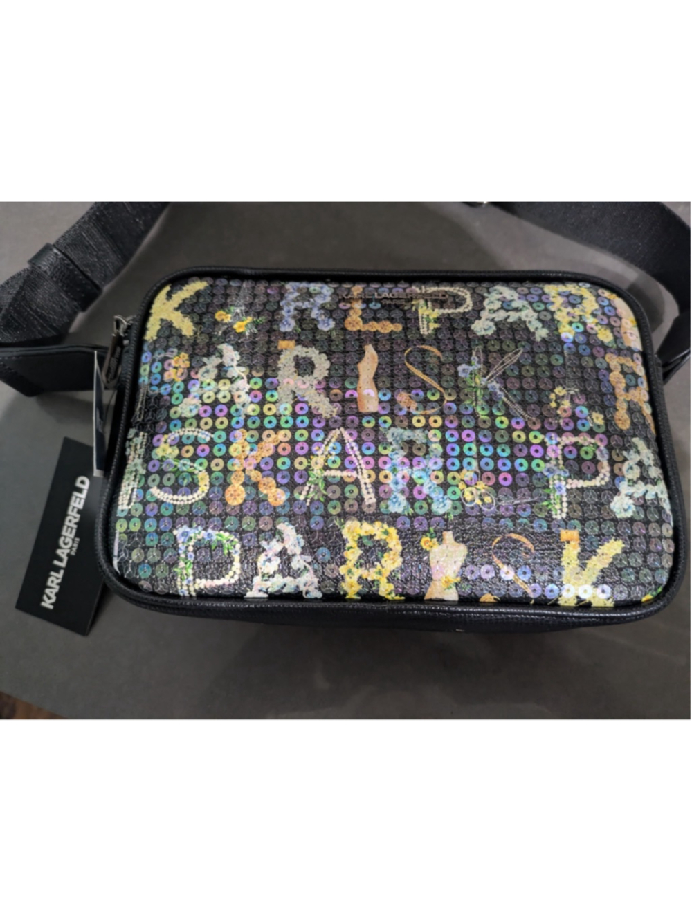 Karl Lagerfeld Paris Sequin Crossbody Bag Camera Purse Black Floral Logo New Tag - Picture 2 of 5